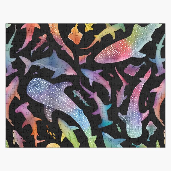 Vista previa del artículo con la obra «Océano de tiburón arco iris en negro», diseñado y vendido por adenaJ.