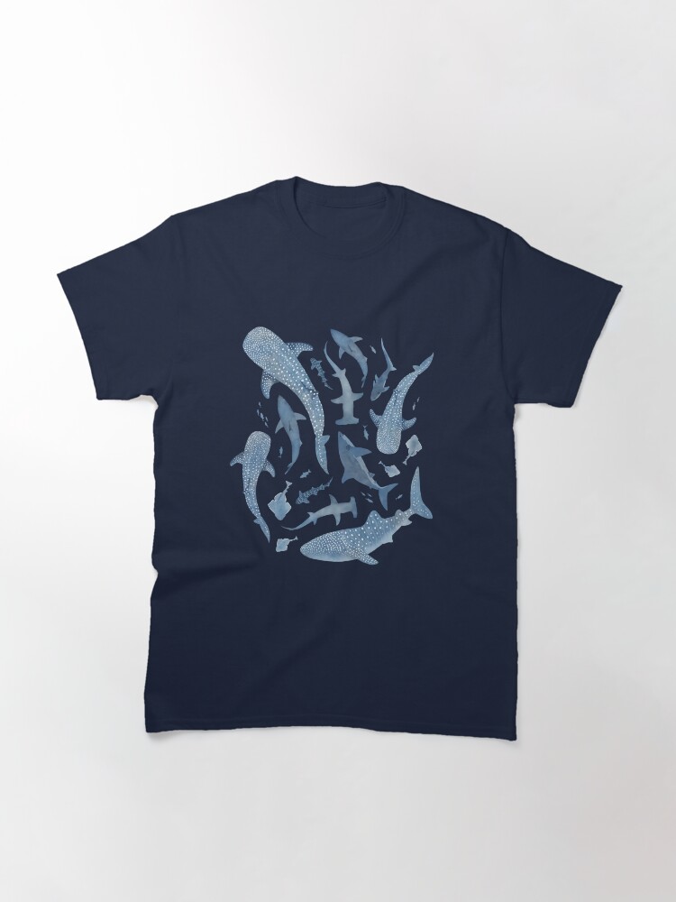 Thumbnail 3 of 7, Classic T-Shirt, Monochrome blue watercolour shark ocean on black designed and sold by adenaJ.