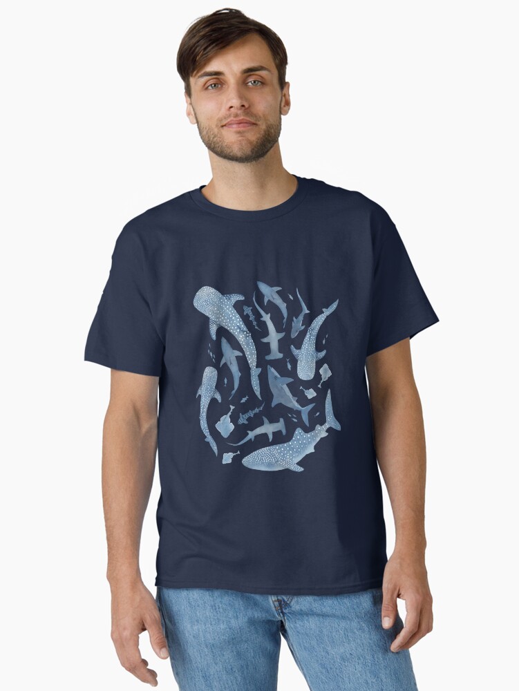 Thumbnail 2 of 7, Classic T-Shirt, Monochrome blue watercolour shark ocean on black designed and sold by adenaJ.