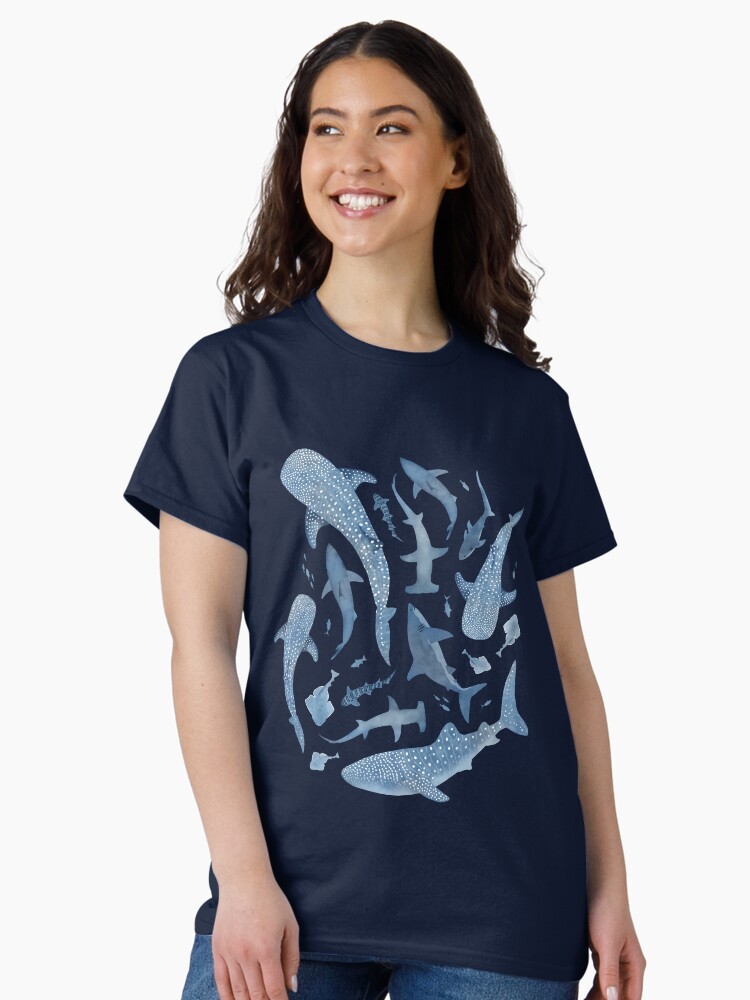 Thumbnail 1 of 7, Classic T-Shirt, Monochrome blue watercolour shark ocean on black designed and sold by adenaJ.