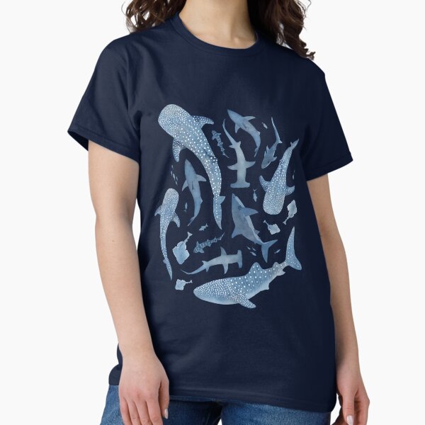 Item preview, Monochrome blue watercolour shark ocean on black designed and sold by adenaJ.