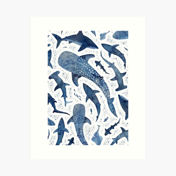 Aperçu de l'œuvre Océan de requin aquarelle bleu monochrome sur blanc créée et vendue par adenaJ.