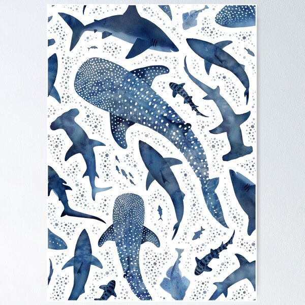 Aperçu de l'œuvre Océan de requin aquarelle bleu monochrome sur blanc créée et vendue par adenaJ.
