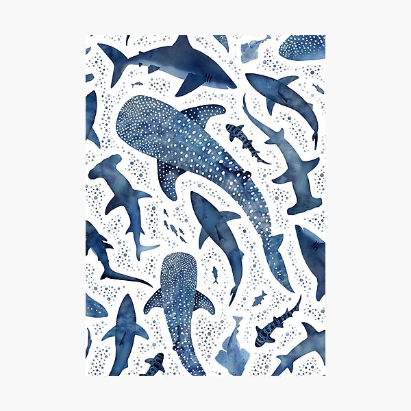 Item preview, Monochrome blue watercolour shark ocean on white designed and sold by adenaJ.