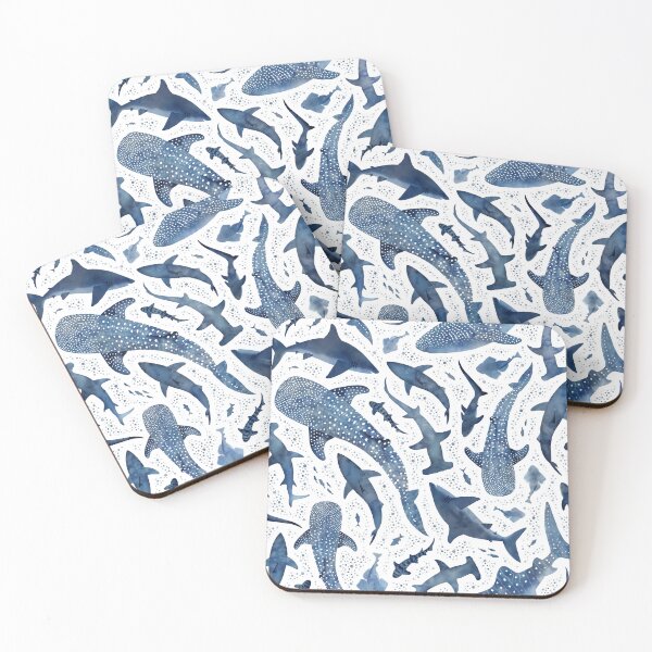 Item preview, Monochrome blue watercolour shark ocean on white designed and sold by adenaJ.