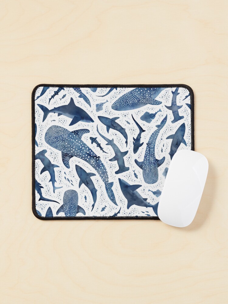 Thumbnail 1 of 5, Mouse Pad, Monochrome blue watercolour shark ocean on white designed and sold by adenaJ.
