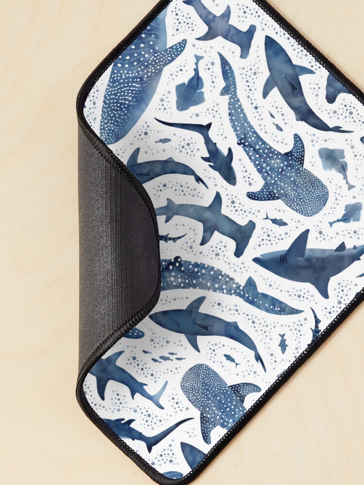 Thumbnail 2 of 5, Mouse Pad, Monochrome blue watercolour shark ocean on white designed and sold by adenaJ.