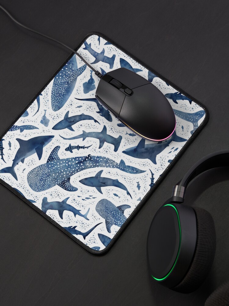 Thumbnail 4 of 5, Mouse Pad, Monochrome blue watercolour shark ocean on white designed and sold by adenaJ.