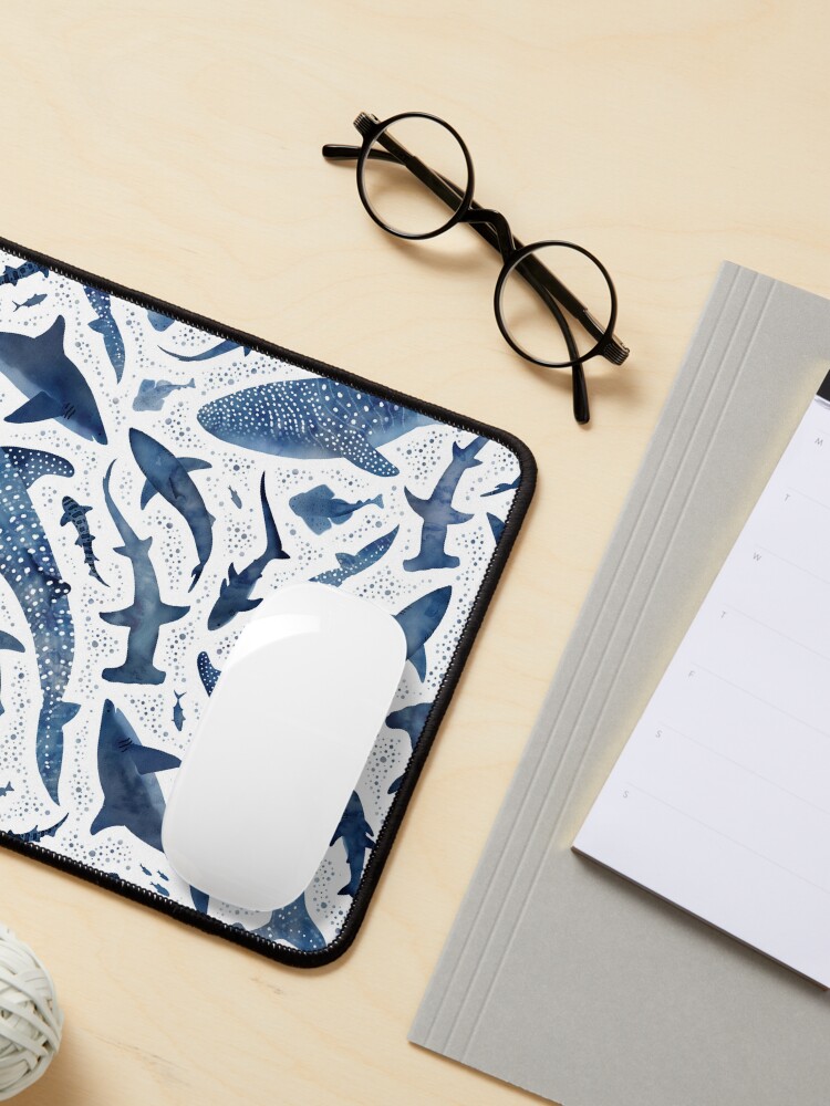 Thumbnail 3 of 5, Mouse Pad, Monochrome blue watercolour shark ocean on white designed and sold by adenaJ.