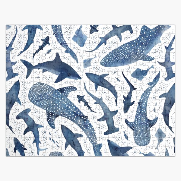 Aperçu de l'œuvre Océan de requin aquarelle bleu monochrome sur blanc créée et vendue par adenaJ.