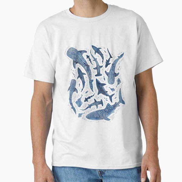 Vista previa del artículo con la obra «Océano de tiburón acuarela azul monocromo sobre blanco», diseñado y vendido por adenaJ.