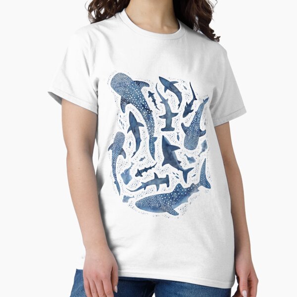 Artikel-Vorschau von Monochromer blauer Aquarellhai-Ozean auf Weiß, designt und verkauft von adenaJ.