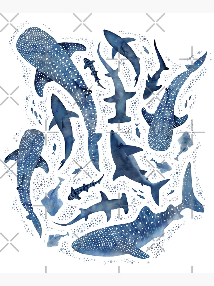 Thumbnail 5 of 5, Tote Bag, Monochrome blue watercolour shark ocean on white designed and sold by adenaJ.