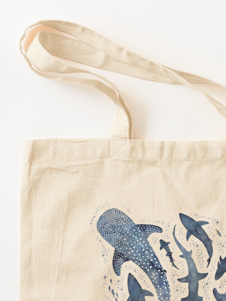 Thumbnail 3 of 5, Tote Bag, Monochrome blue watercolour shark ocean on white designed and sold by adenaJ.