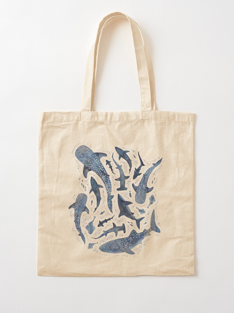 Thumbnail 2 of 5, Tote Bag, Monochrome blue watercolour shark ocean on white designed and sold by adenaJ.