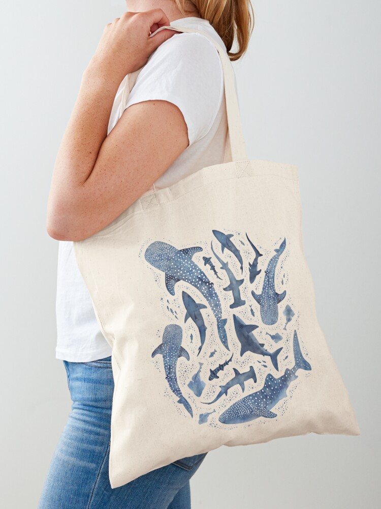 Thumbnail 1 of 5, Tote Bag, Monochrome blue watercolour shark ocean on white designed and sold by adenaJ.