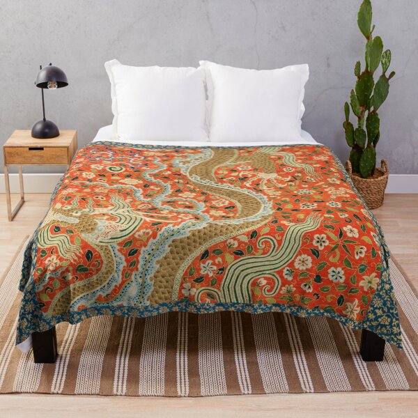 Item preview, Vintage Chinese Dragon Floral Red, Teal and Gold Asian Textile | P303 designed and sold by Piccolo Fiore Prints.