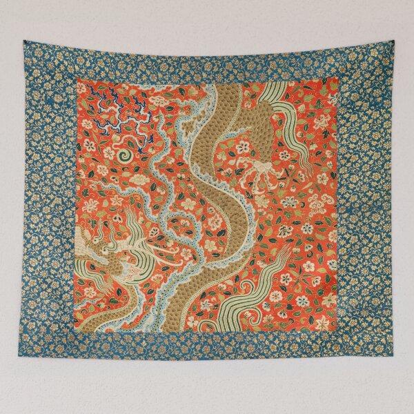 Item preview, Vintage Chinese Dragon Floral Red, Teal and Gold Asian Textile | P303 designed and sold by Piccolo Fiore Prints.