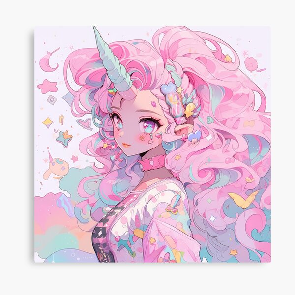 Cartoon Girls Canvas Wall Art with Unicorn Drawing Pastel Color