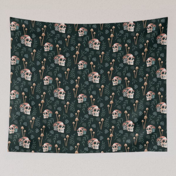 Item preview, Sugar Skulls and Mushrooms Moody Green Pattern designed and sold by LolaveeCreative.