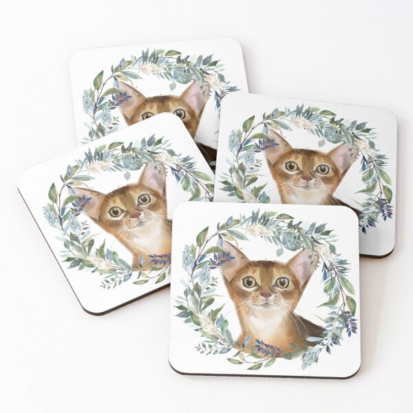 Item preview, Abyssinian Cat Blue, Green and White Floral Wreath designed and sold by HugsAndPrints.