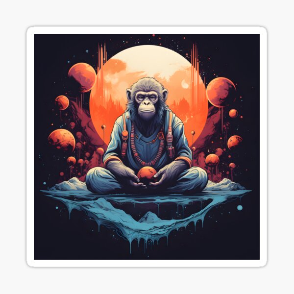 A monkey is meditating while listening to music. Sticker for Sale by DAEWI  PARK