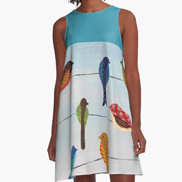 Lovely Colorful Birds On Wires A-Line Dress
