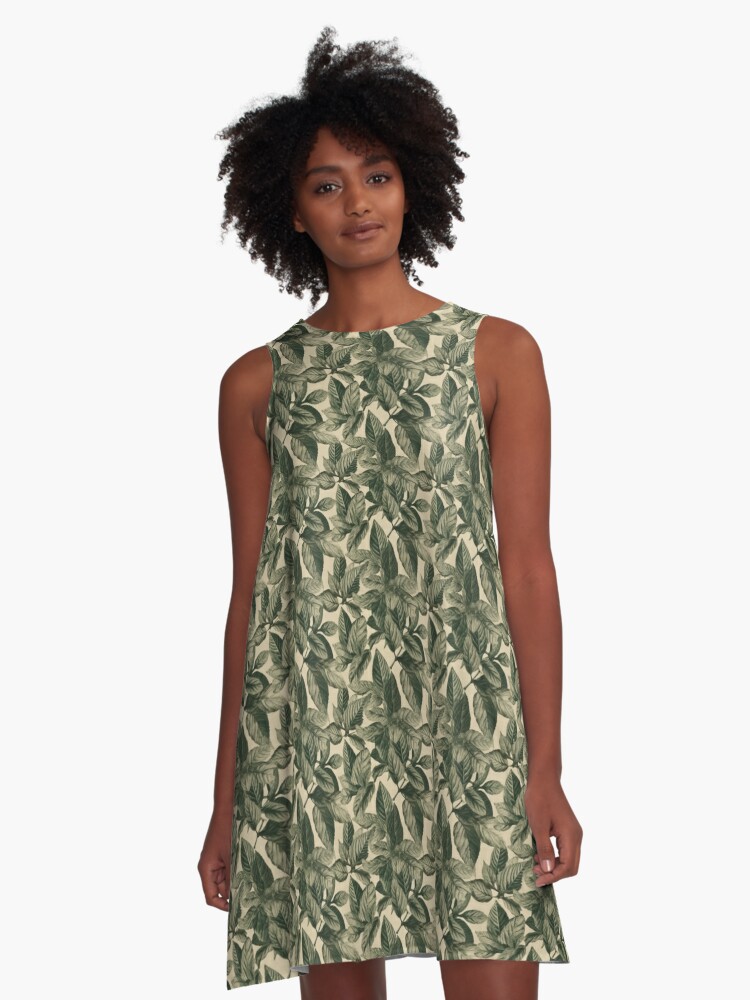 Linen Leaves: Vintage Dye-Transfer Inspired Leaf Pattern | A-Line Dress