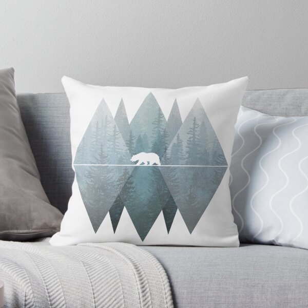 Misty Forest Mountain Bear Throw Pillow
