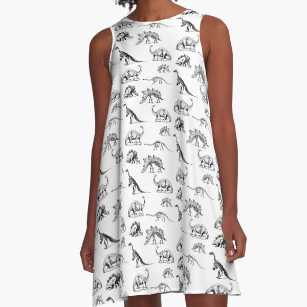 Vintage Museum Dinosaurs | Black and White A-Line Dress