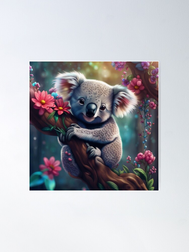 Koala On Tree With Multicolour Polygon Pattern Folk Art  Watercolour Painting Art Print Canvas Premium Wall Decor Poster Mural:  Posters & Prints