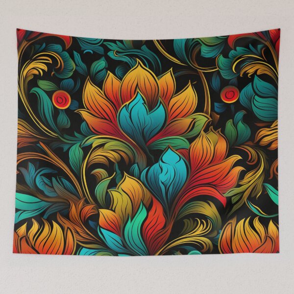 Item preview, Colorful fantasy pattern orange red green turquoise yellow ornaments oriental designed and sold by G-M-Designs.