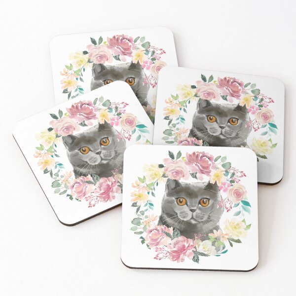 Artikelvorschau, Britische Kurzhaarkatze im pastellrosa und gelben Blumenkranz entworfen und verkauft von HugsAndPrints.