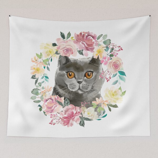 Item preview, British Shorthair Cat in Pastel Pink and Yellow Floral Wreath designed and sold by HugsAndPrints.