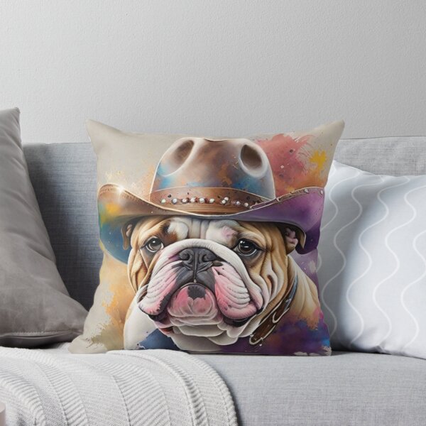 Bulldog Portrait With A Cowboy Hat Throw Pillow