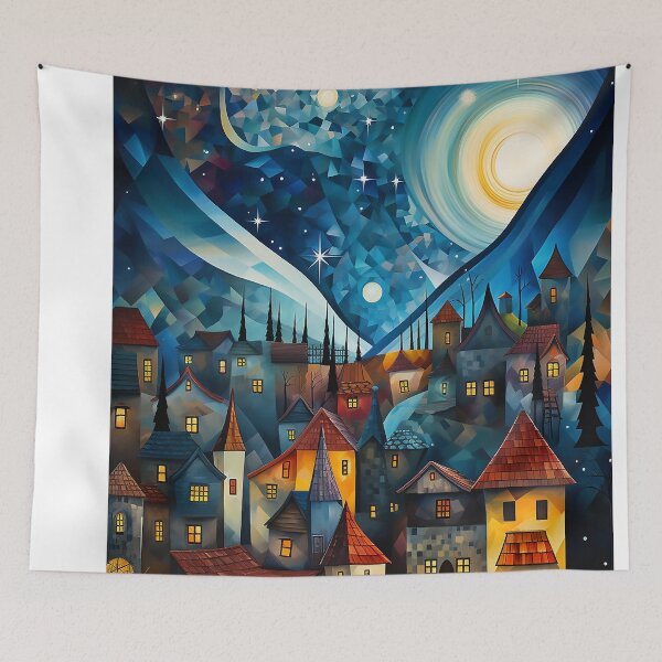Item preview, Blue starry night painting designed and sold by WallWhimsyWorks.
