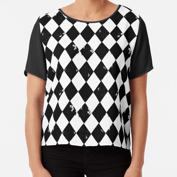 Grungy Distressed Black and White Harlequin Diamond Chiffon Top