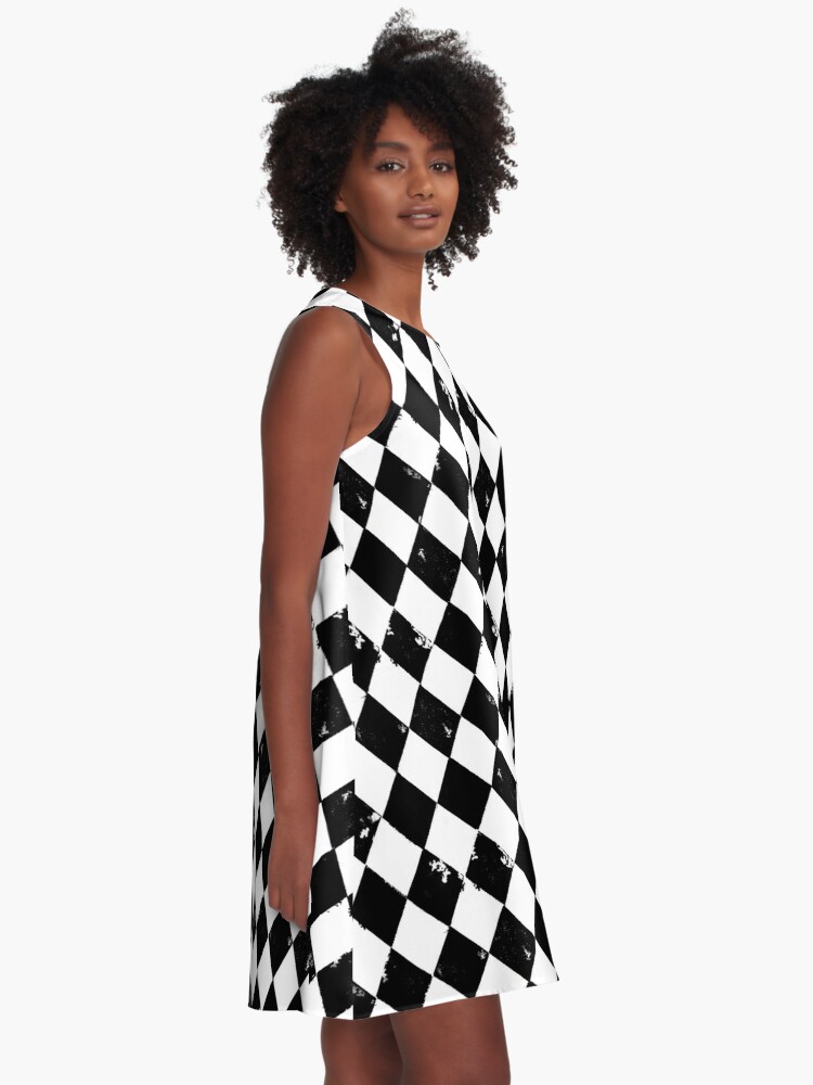 Grungy Distressed Black and White Harlequin Diamond  A-Line Dress for Sale  by Kristi Duggins