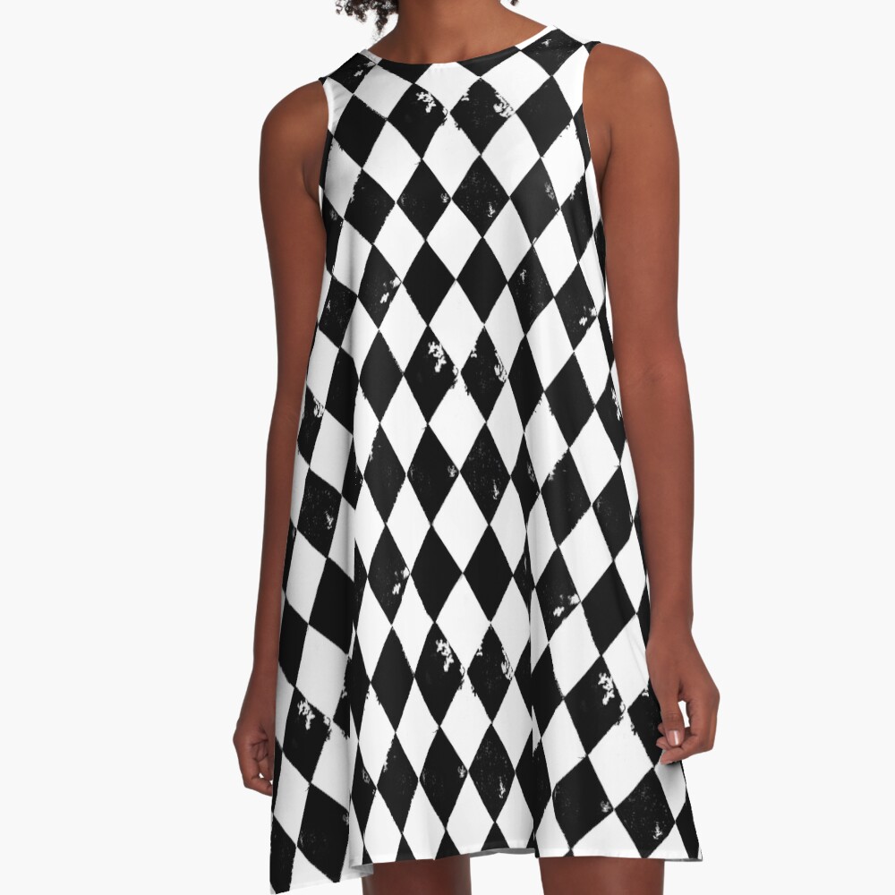 Grungy Black and White Harlequin Diamond A-Line Dress
