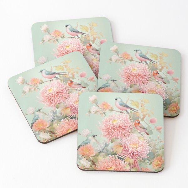 Item preview, pastel birds and pink dahlias chrysanthemums designed and sold by ladivinefactory.