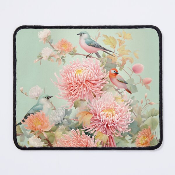 Item preview, pastel birds and pink dahlias chrysanthemums designed and sold by ladivinefactory.
