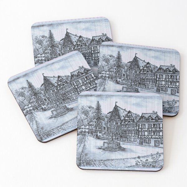 Item preview, Miltenberg Market Square Drawing, Germany, Sky-blue Old Photo Effect - A Timeless Tapestry of Bavarian Charm designed and sold by studioSharonKay.