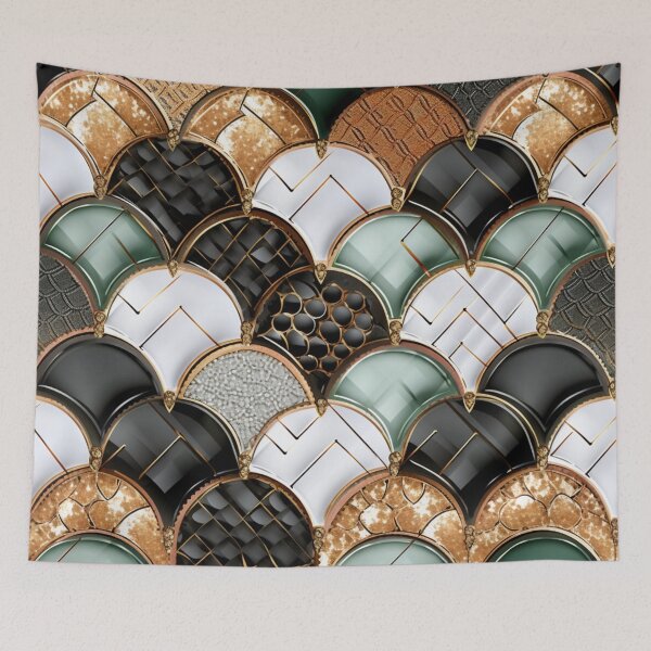 Item preview, Colorful fantasy pattern black white gold copper green ornament scales designed and sold by G-M-Designs.