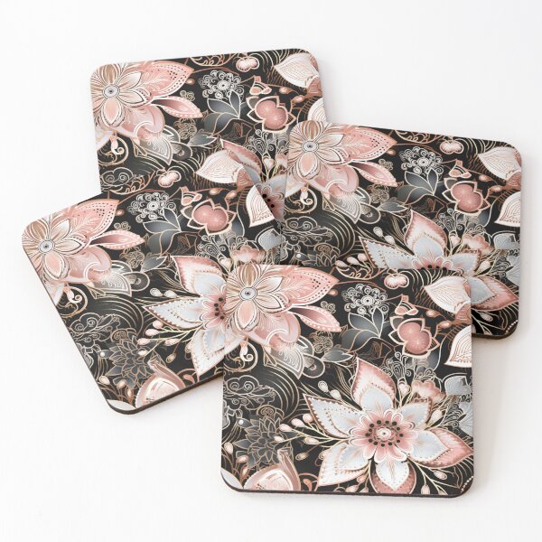Item preview, Colorful fantasy pattern black white gold copper pink ornament flowers designed and sold by G-M-Designs.