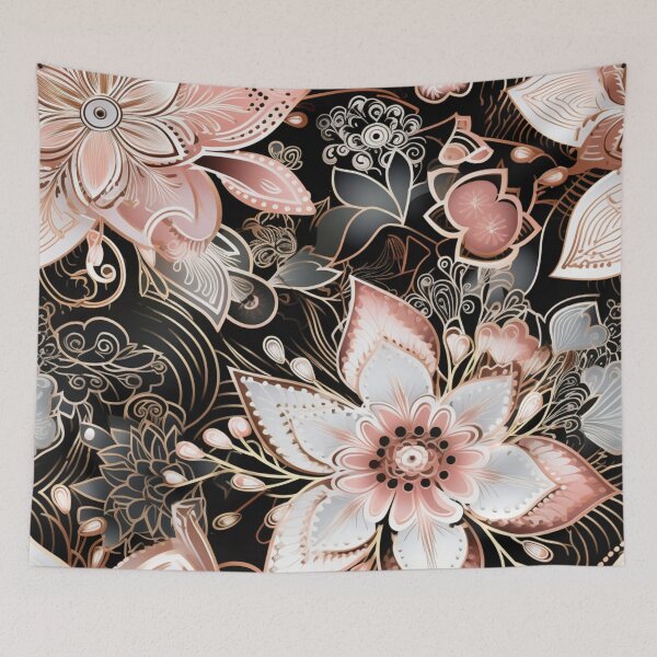 Item preview, Colorful fantasy pattern black white gold copper pink ornament flowers designed and sold by G-M-Designs.