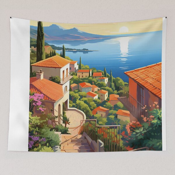 Item preview, A French Riviera landscape summer vibes illustration designed and sold by WallWhimsyWorks.