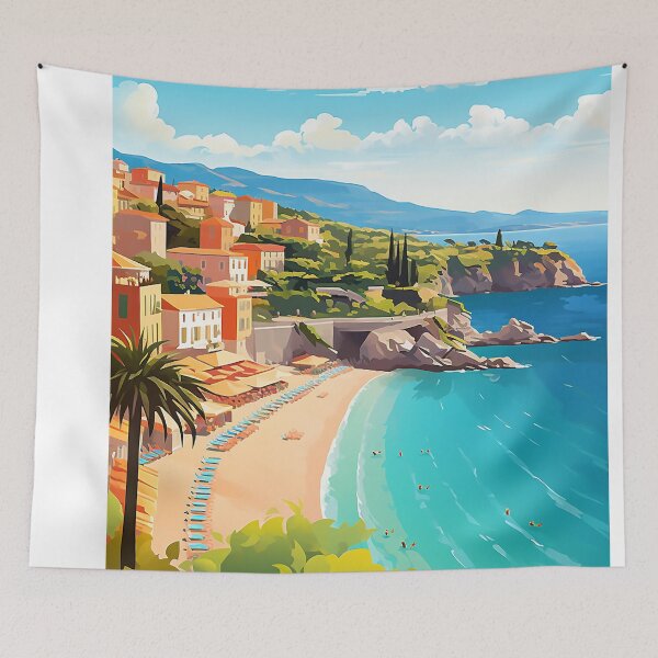 Item preview, A French Riviera landscape summer vibes illustration designed and sold by WallWhimsyWorks.