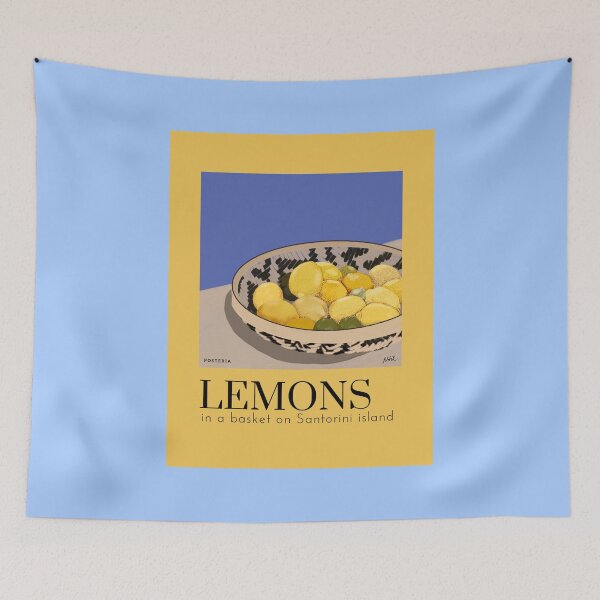 Item preview, LEMONS IN A BASKET ON SANTORINI ISLAND Illustration with yellow lemons and green limes in a wicker basket designed and sold by Posteria.