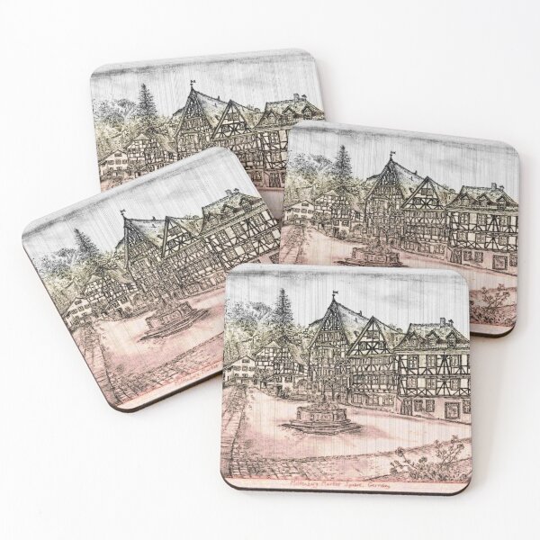 Item preview, Miltenberg Market Square Drawing, Germany, Golden-brick Old Photo Effect - A Timeless Tapestry of Bavarian Charm designed and sold by studioSharonKay.