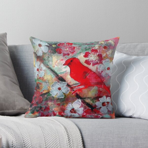 Red Bird Singing Throw Pillow